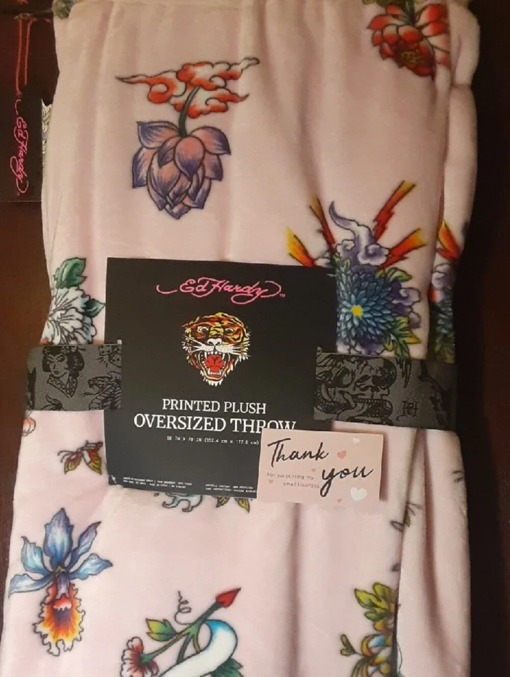 Ed Hardy Soft Pink Throw Blanket with colorful Floral Patterns